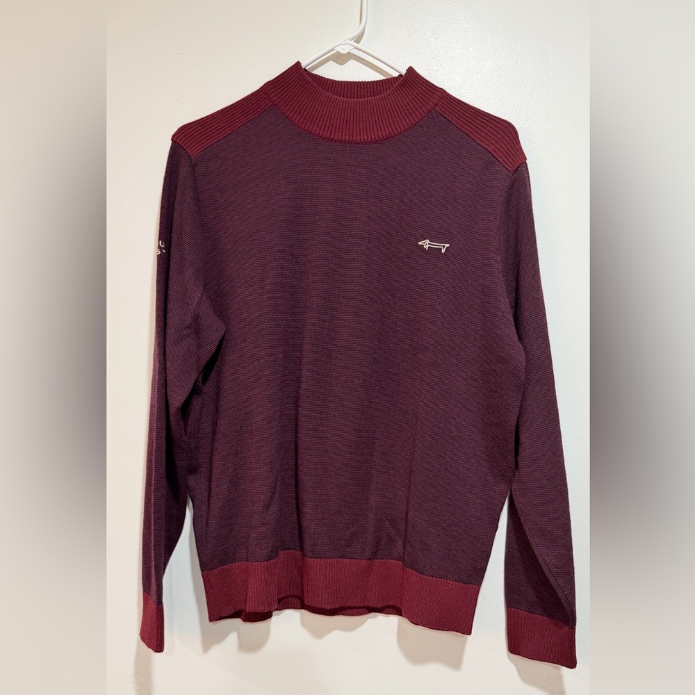 Louis Castel Dachshund Wool Cardigan Sweater Mock Neck Burgundy Red Navy, Medium